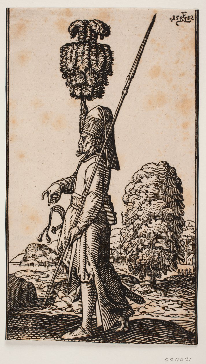 Soldier Bearing a Spear and a Sword, Seen in Profile Toward the Left, Standing in a Coastal Landscape; Behind Him, a Large Tree; His Headdress is Ornamented with a Colossal Plume by Melchior Lorck