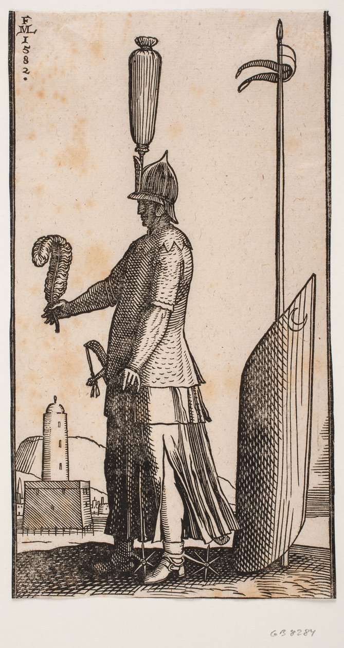 Standing Helmeted Soldier, Profile to the Left, Holding a Feather in His Outstretched Hand; Behind Him a Shield Decorated with a Crescent Moon is Supported by a Lance Stuck in the Ground by Melchior Lorck