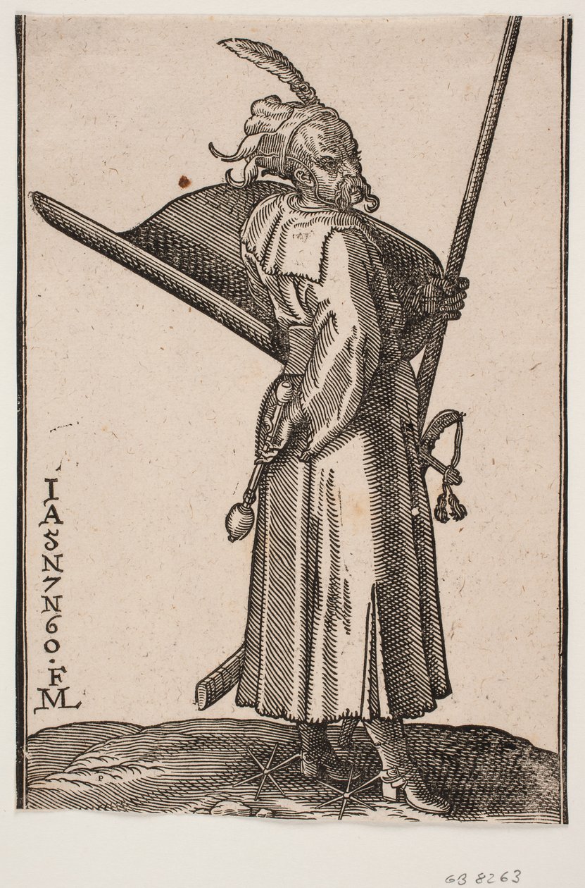 Standing Soldier (akinci), Profile to the Right; in the Right Hand a Mace, in the Left Hand a Lance, Whose Top is Outside the Upper Framing Line; on the Left Arm a Shield with the Inside Facing Upwards, at the Left Side a Sword by Melchior Lorck