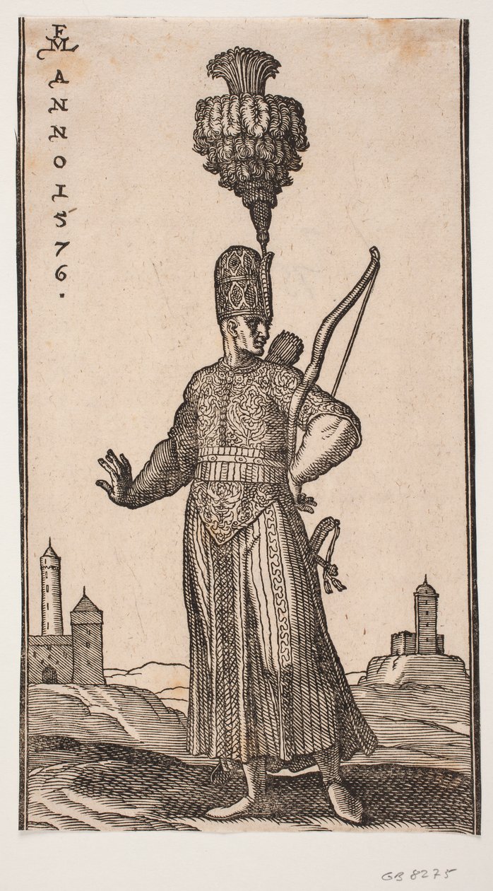 Standing Soldier, Front View, Head Turned to the Right; He Carries a Bow Over His Left Arm, a Quiver on His Back, and a Sword at His Left Side; He Coyly Stretches His Right Arm Backwards; in the Background to the Right and Left Two Fortress-Like Buildings by Melchior Lorck