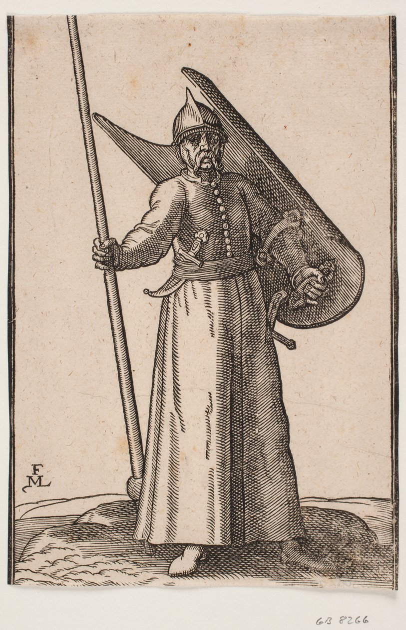 Standing Soldier with Helmet; in Right Hand a Lance, Top Outside Upper Frame Line; on Left Arm a Curved Shield, Seen from Inside; in Belt under Right Arm a Curved Dagger, at Left Side a Sword by Melchior Lorck