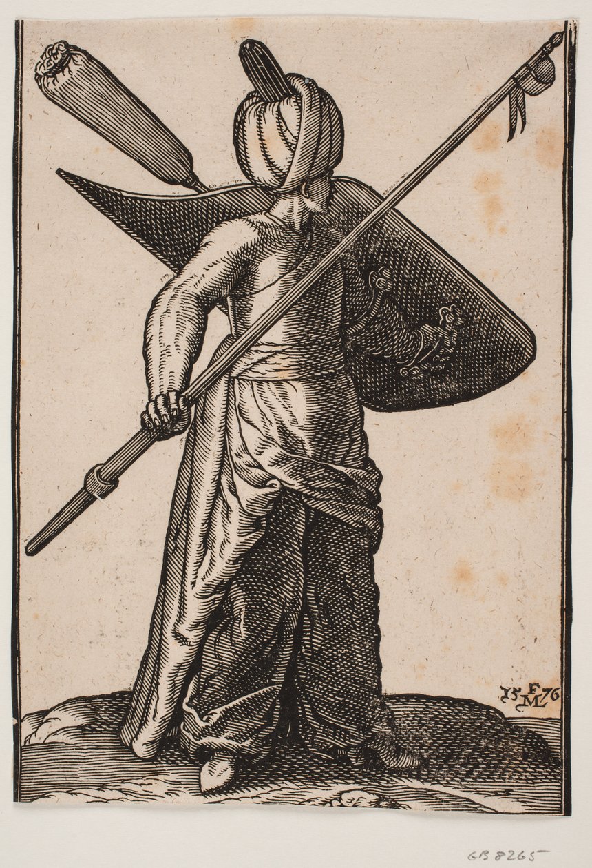 Standing Soldier, Facing Right; Wearing a Turban, Holding a Raised Lance with a Pennant under the Tip; Shield with a Feather Plume Wrapped in Cloth on Left Arm by Melchior Lorck