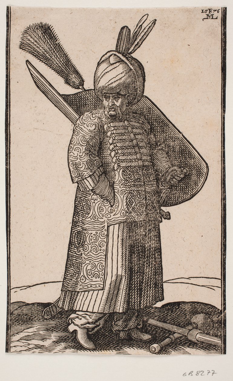 Standing Potbellied Soldier, with Right Hand in Pocket, Facing Right; Two Feathers in Turban; Sword at Left Side, Shield with Feather Plume on Left Arm; Club and Lance Crossed on the Ground in Front of Him by Melchior Lorck