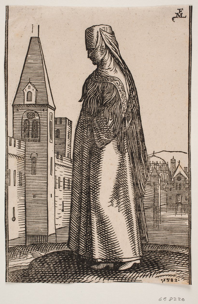 Veiled Woman Walking, Profile to the Left; In Front of Her a City Wall with Towers Rises from the Water by Melchior Lorck