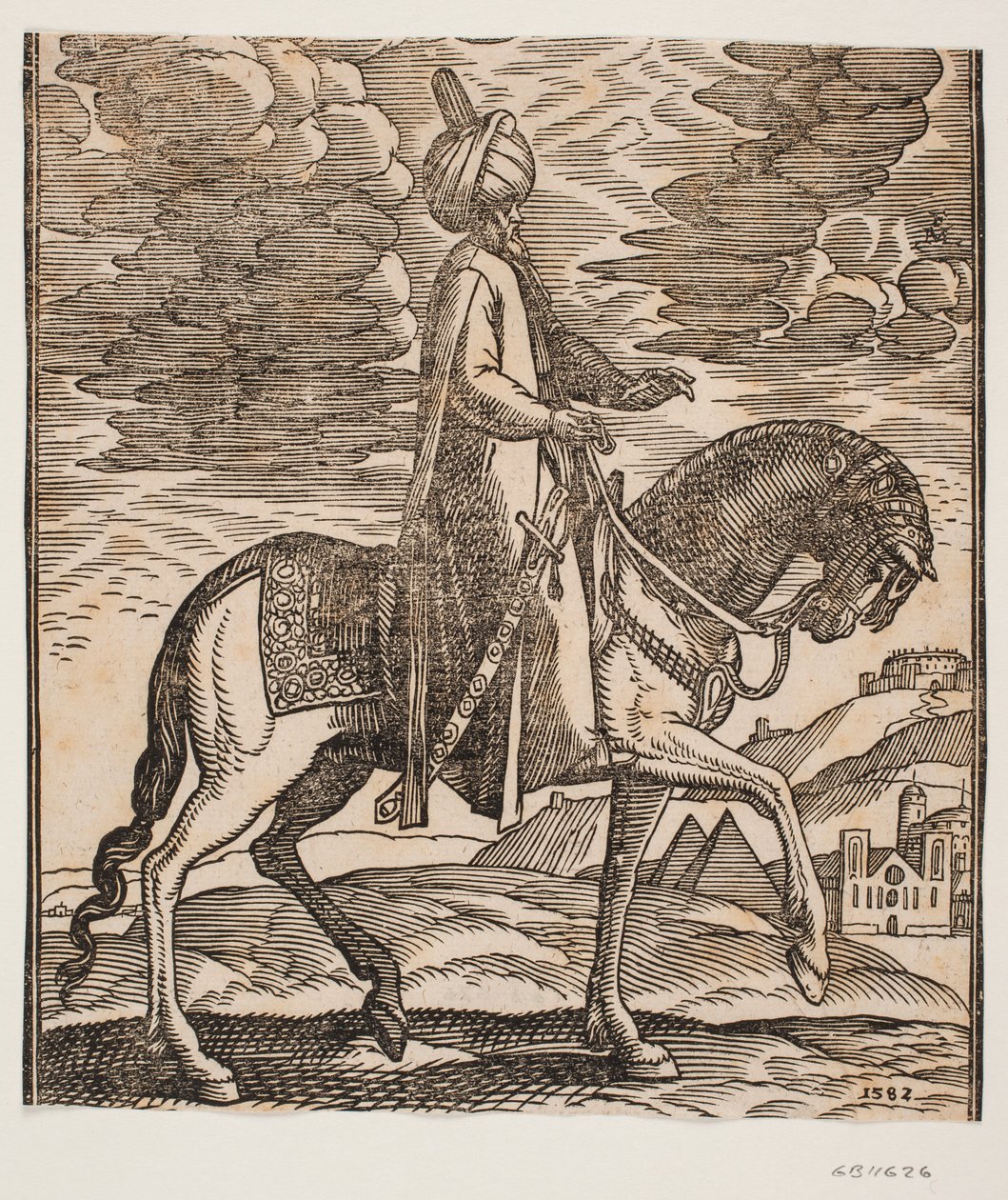 Turban-clad Rider with a Sword at His Right Side, Profile Towards the Right; Between the Horse