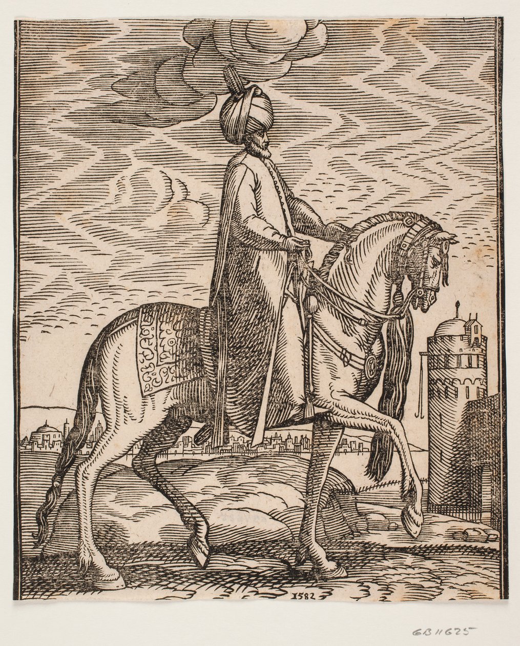 Turban-clad rider, with club hanging at the horse