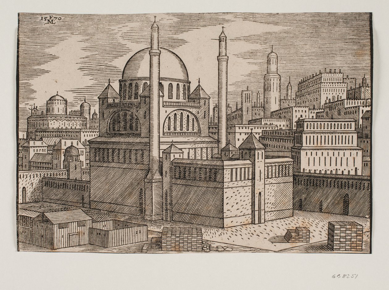 Unidentified Mosque with Two Minarets, Viewed from the Northeast; Construction Site with Stacked Building Stones in the Foreground by Melchior Lorck