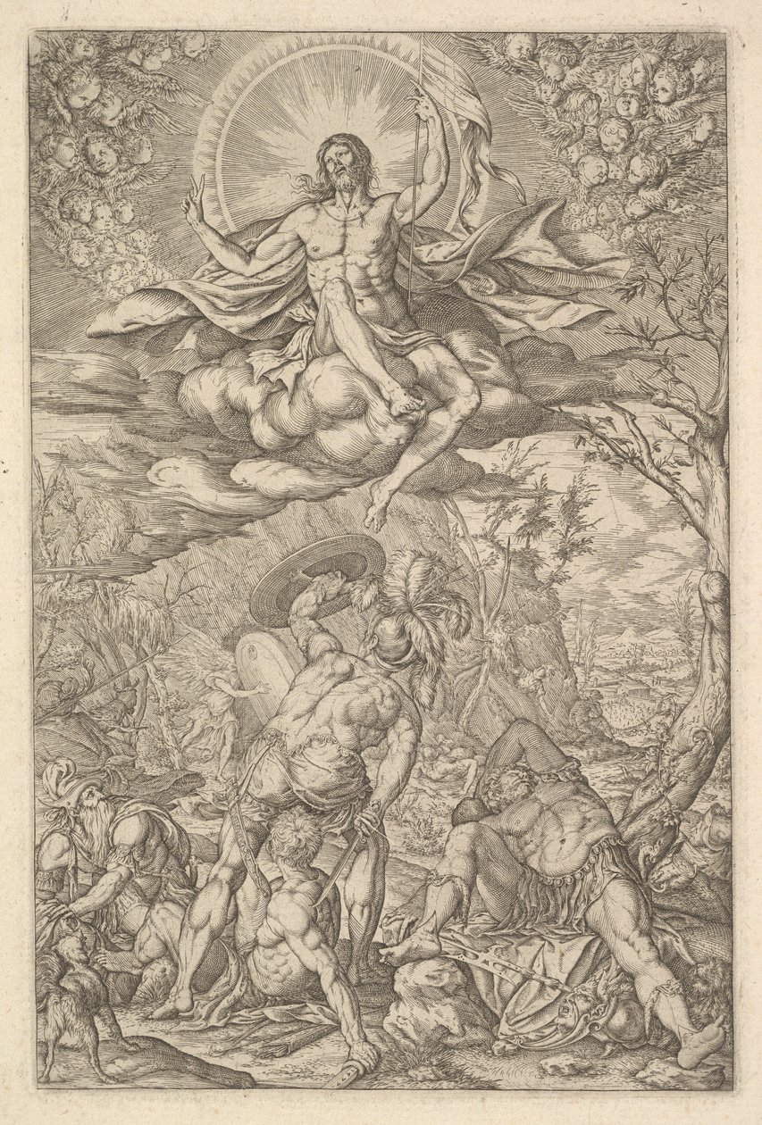 Resurrection of Christ, Encompassed by an Aureole and Clouds with Lines of Winged Putti, 1577 by Melchior Meier