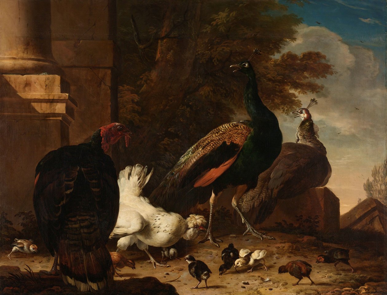 A Hen with Peacocks and a Turkey by Melchior d