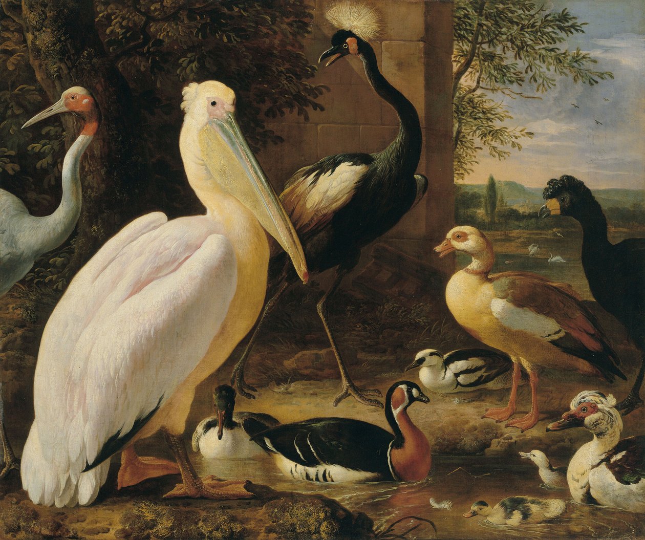 Pelican, Crowned Crane, Curassow, Sarus Crane and Ducks in a River Landscape by Melchior d
