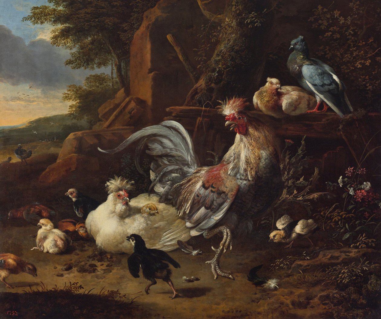 Rooster, Hens and Other Fowl in a Yard by Melchior d