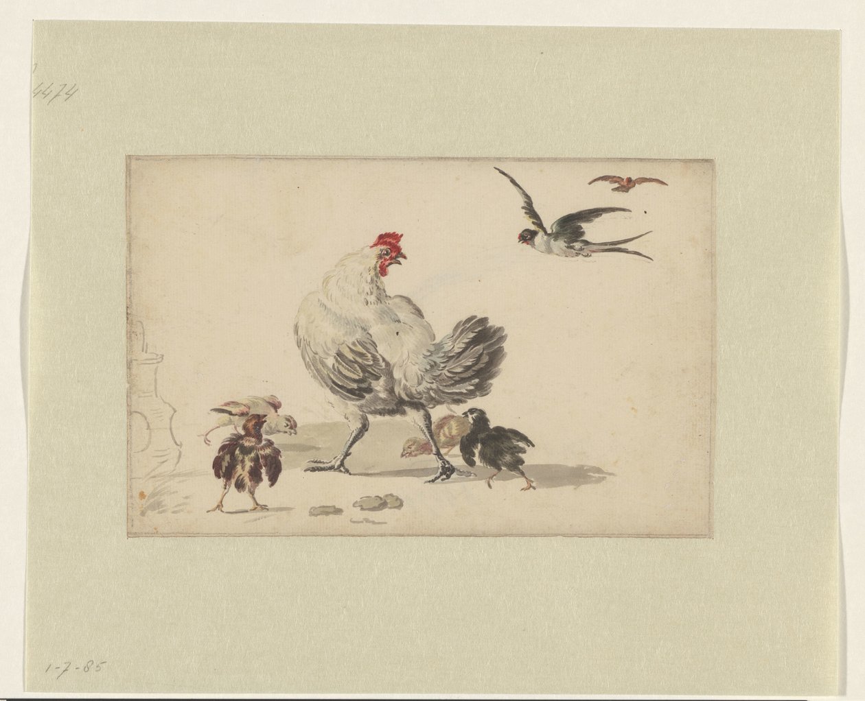 Two Swallows and a Hen with Four Chicks by Melchior d