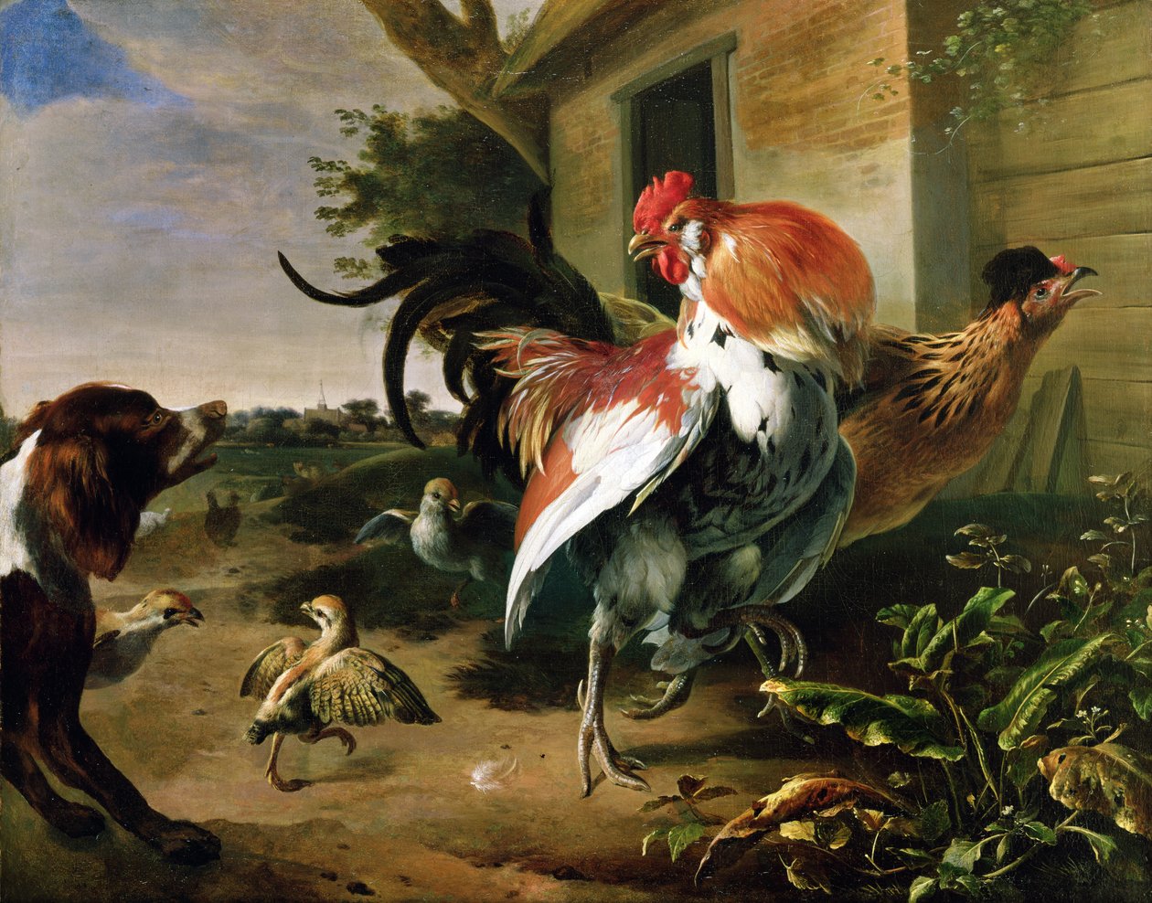 Poultry and Spaniel in a Farmyard by Melchior de Hondecoeter