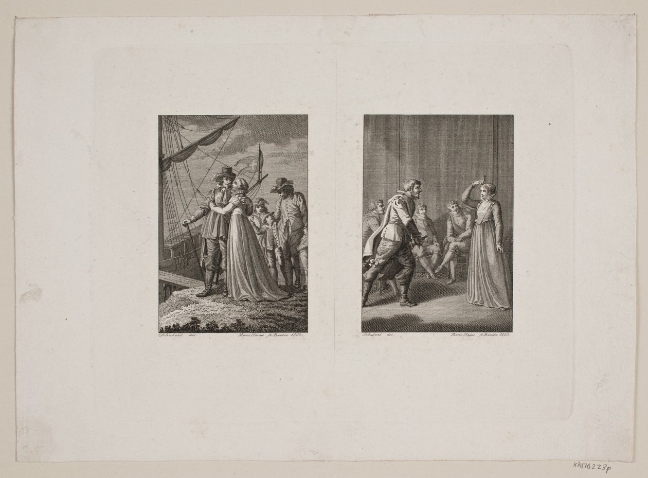 Farewell Scene at a Ship; A Man Drawing His Sword Before a Woman by Meno Haas