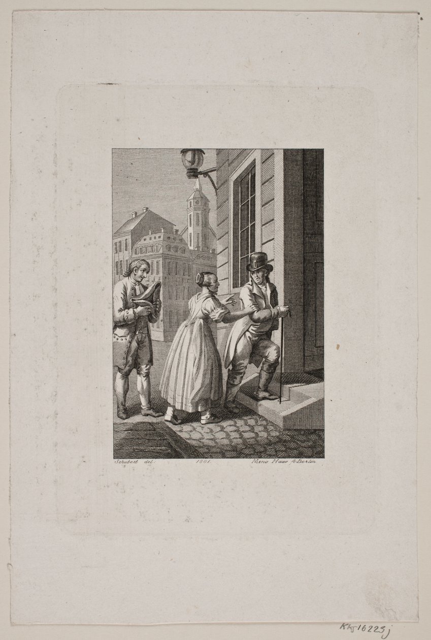 Illustration with a Woman Stopping a Gentleman at a Gate While a Servant Looks On by Meno Haas