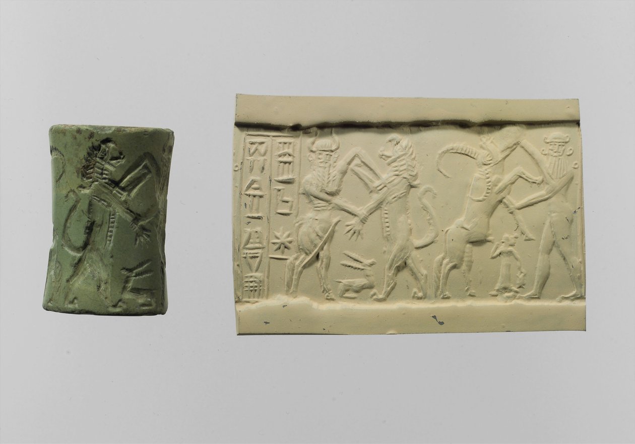Cylinder seal of combat with modern impression c.2250-2150 B.C. by Mesopotamian Mesopotamian