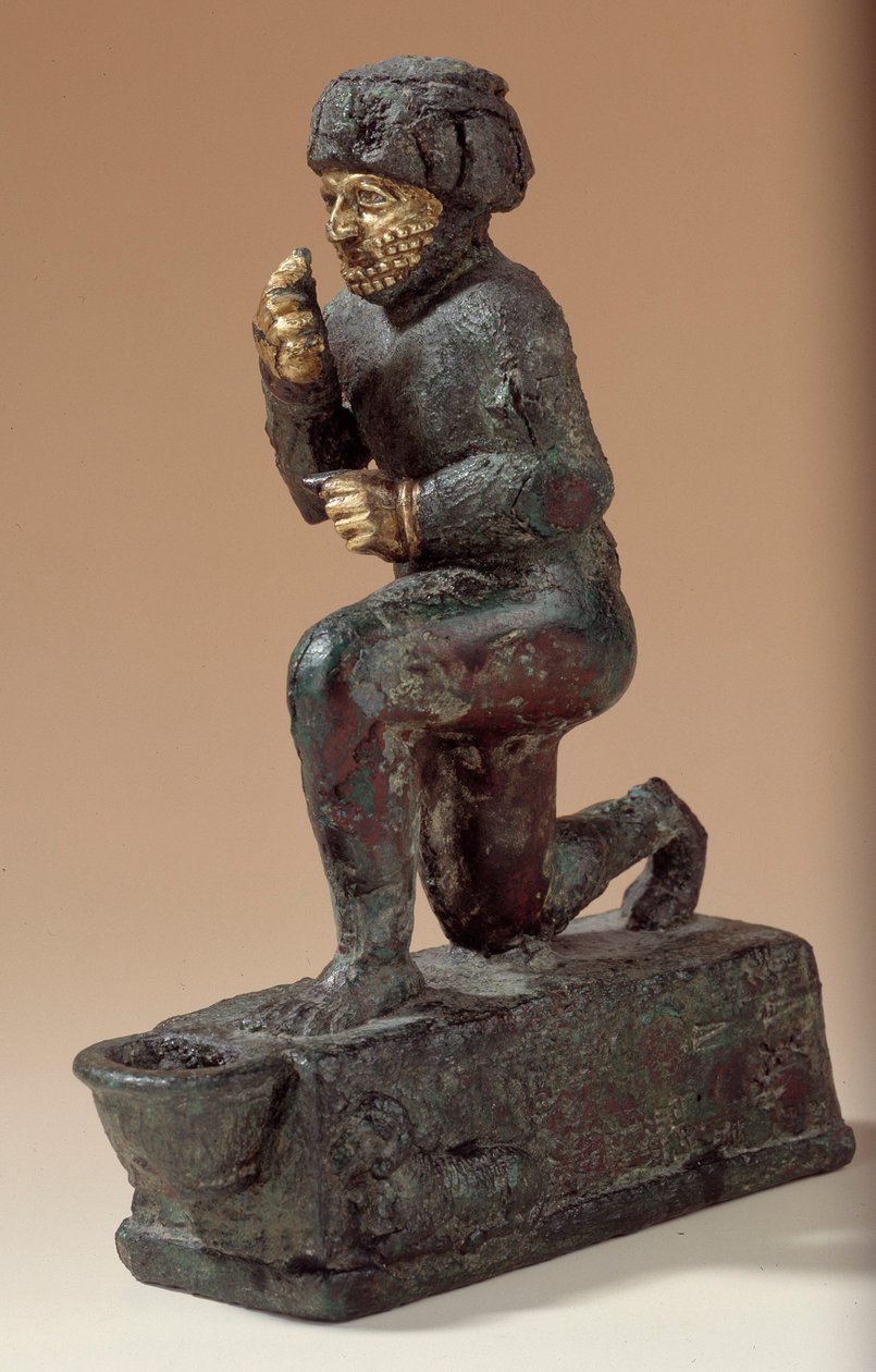 Mesopotamia: Statuette in silver, bronze and gold of kneeling worshiper, ex-voto dedicated to the god Amurru for the life of Hammurabi. 1800 BC. From the Larsa site by Mesopotamian Mesopotamian
