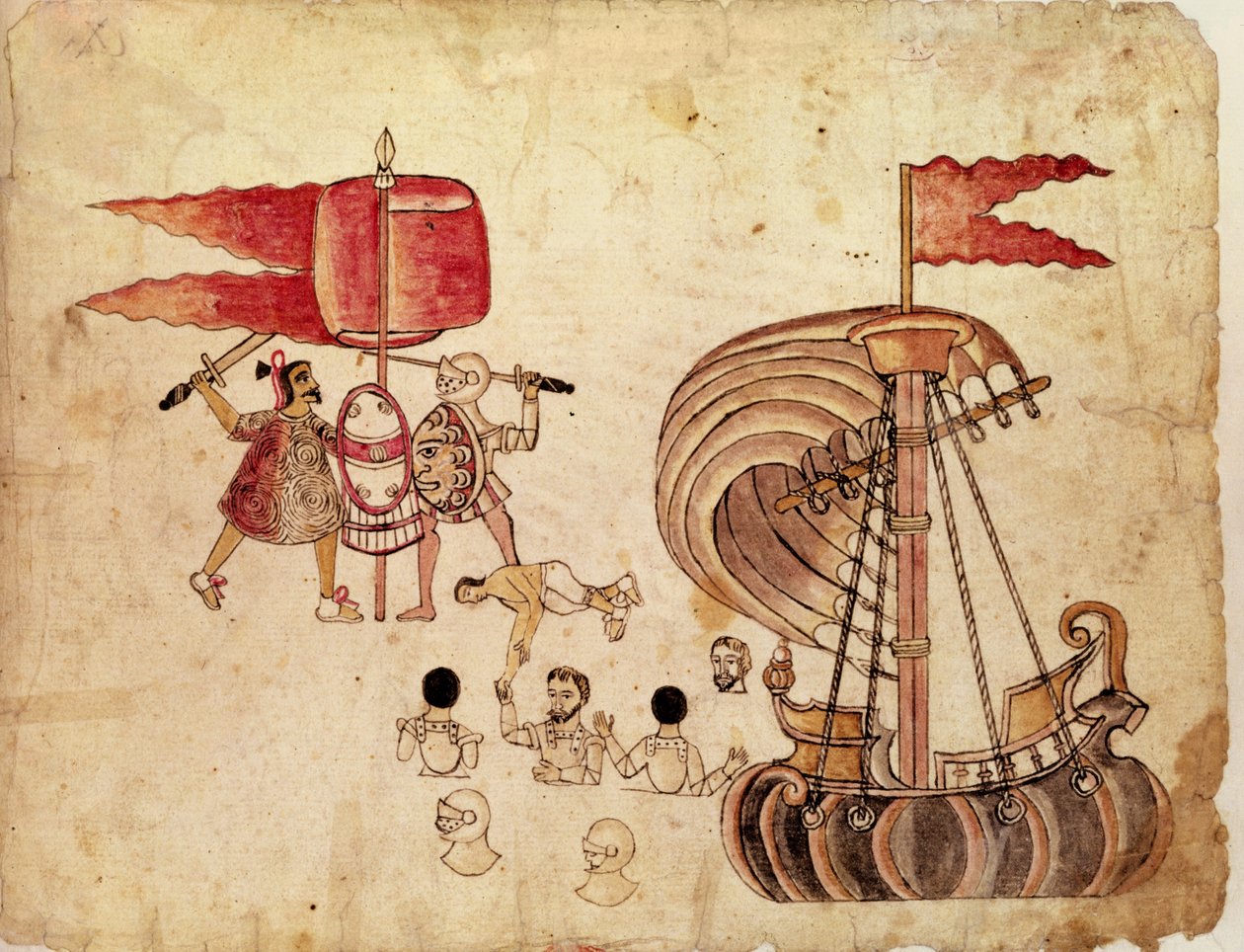 A Tlaxcalan Warrior, an Ally of Cortes, Pulling Him from a Canal by Mexican School