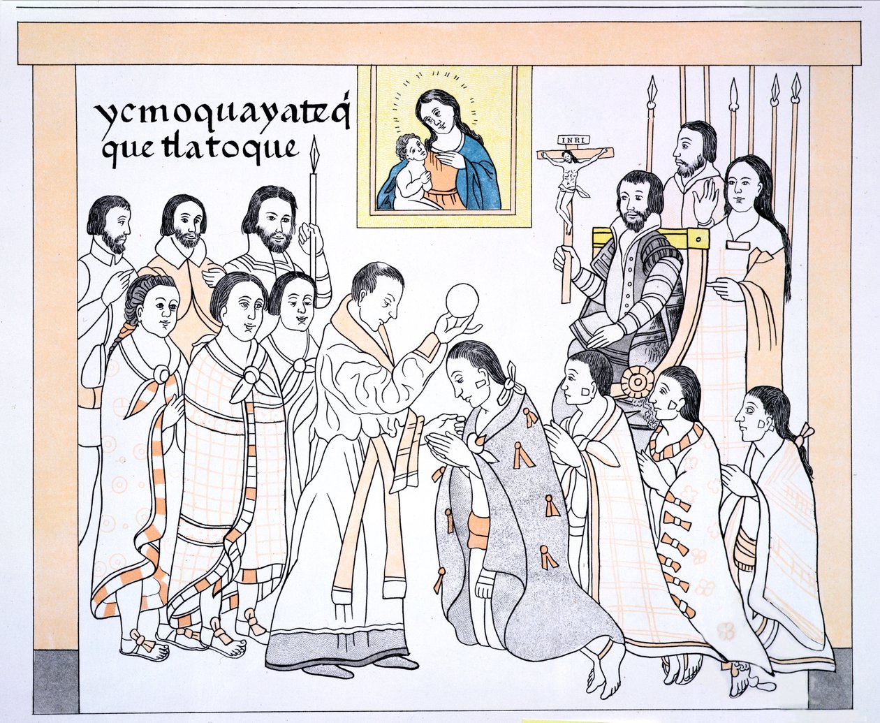 Caciques Receiving Communion from a Priest in the House of Hernando Cortes, Illustration from a Facsimile of a Mexican Indian Picture History Lienzo de Tlaxcala of c.1550, 1892 by Mexican School