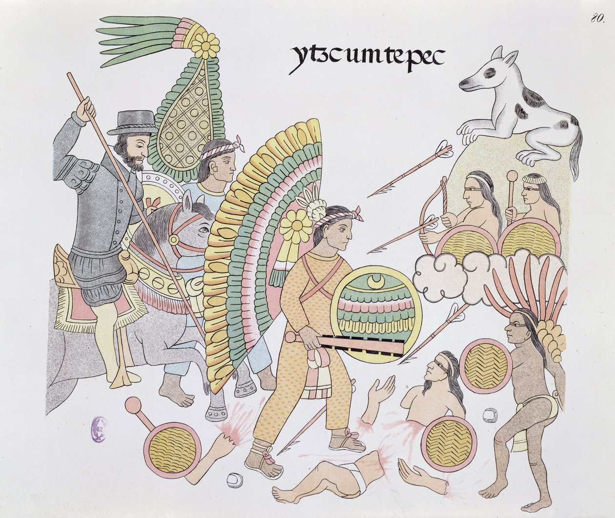 Hernando Cortes, Under Siege at Tenochtitlan, Resolves to Leave the City, Illustration from a Facsimile of a Mexican Indian Picture History Lienzo de Tlaxcala of c.1550, 1892 by Mexican School