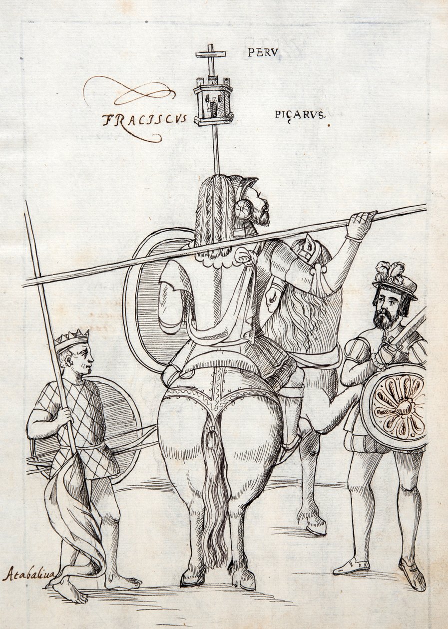 Picarus, or Pizarro, and War Horse, illustration from Historia de Tlaxcala by Diego Munoz Camargo by Mexican School