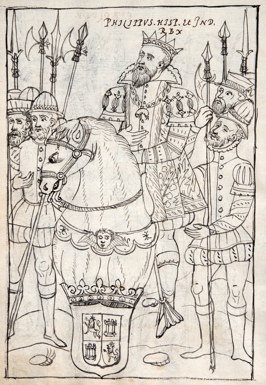 Philip II Seated on Horseback, Wearing the Order of the Golden Fleece, Surrounded by Men-at-Arms, illustration from Historia de Tlaxcala by Diego Munoz Camargo by Mexican School