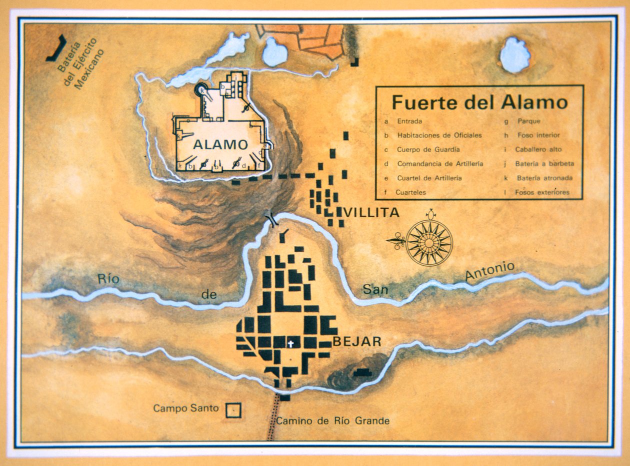 Map of the Alamo area in San Antonio based on Santa Anna