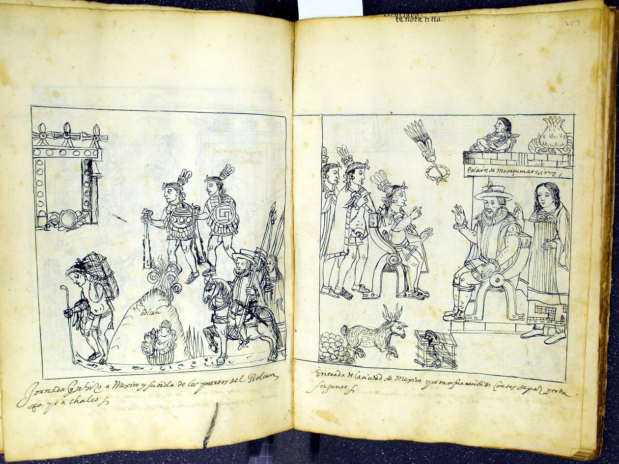 Cortez and Montezuma, from Historia de Tlaxcala by Diego Munoz Camargo by Mexican School