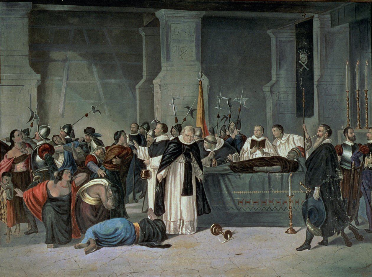 The Funeral of the Inca Atahualpa in the town of Cajamarca attended by Francisco Pizarro by Mexican School
