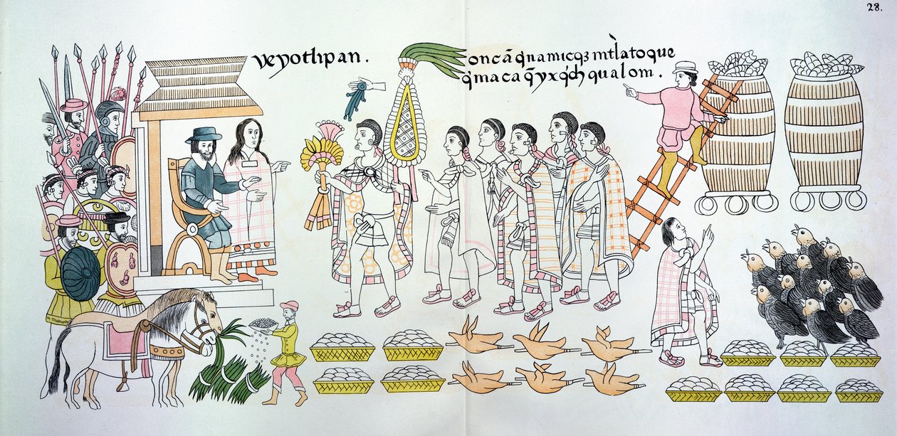 The Tlaxcalan Chieftain, Maxixcatzin, Presents a Bouquet of Roses and Other Gifts to Hernando Cortes as Tokens of Welcome, Illustration from a Facsimile of a Mexican Indian Picture History by Mexican School