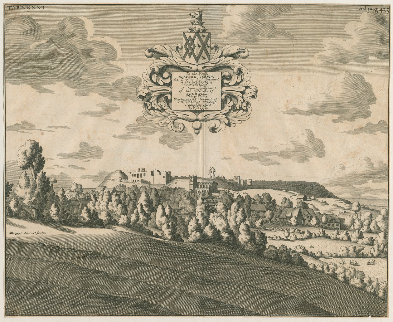 Tutbury Castle - Distant View (copper-plate engraving, c. 1686) by Michael Burghers
