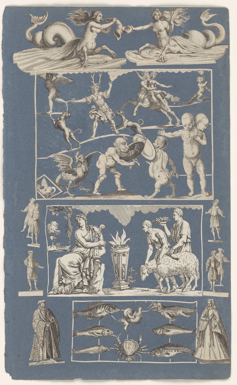 Collage of Cut-Out Prints Pasted on Album Page of Blue Paper (Wonders of Nature) by Michael Snijders (attributed to)