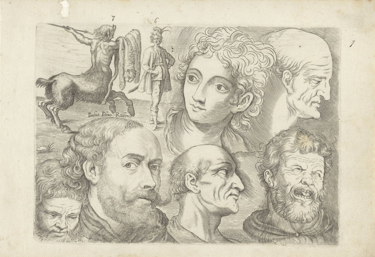 Study Sheet with Drawing Examples: Centaur, Standing Figure and Heads by Michael Snijders