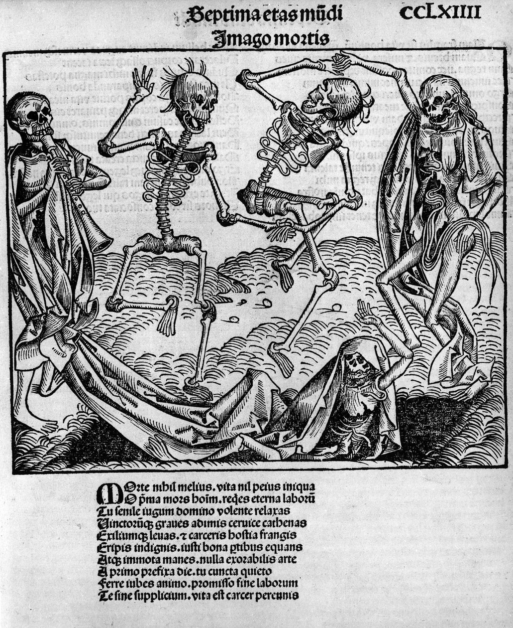 Macabre dance scene, with skeletons, -in 