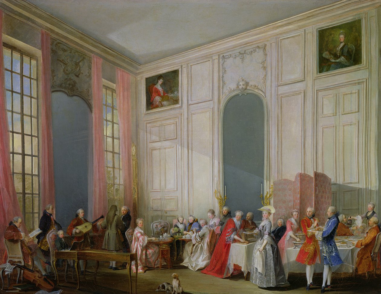 The English Tea and a Society Concert at the house of the Princesse de Conti, Palais du Temple, Paris with the Young Mozart at the Clavichord, 1766 by Michel Barthelemy Ollivier or Olivier