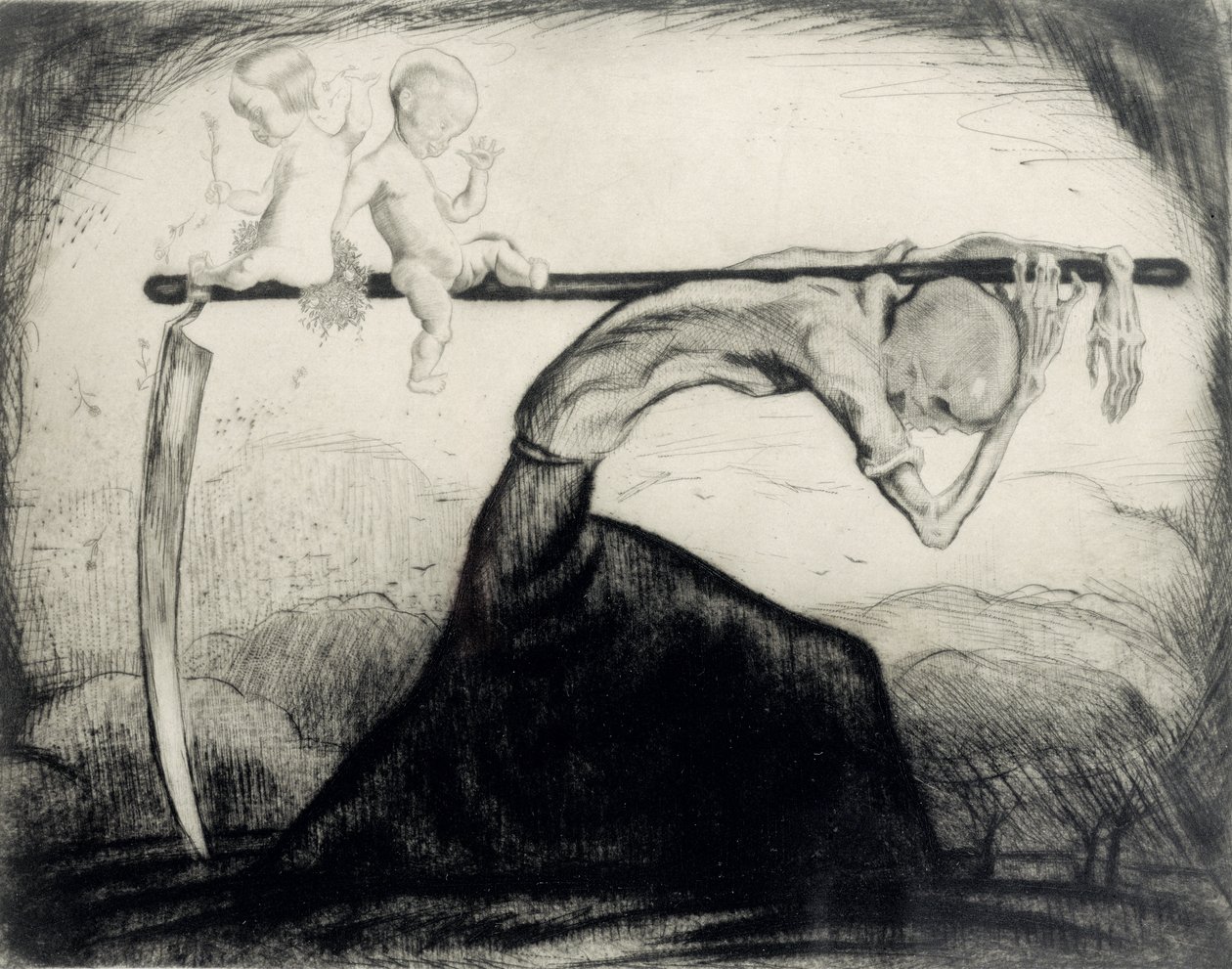 Death with Two Children Carried on his Scythe, 1915 by Michel Fingesten