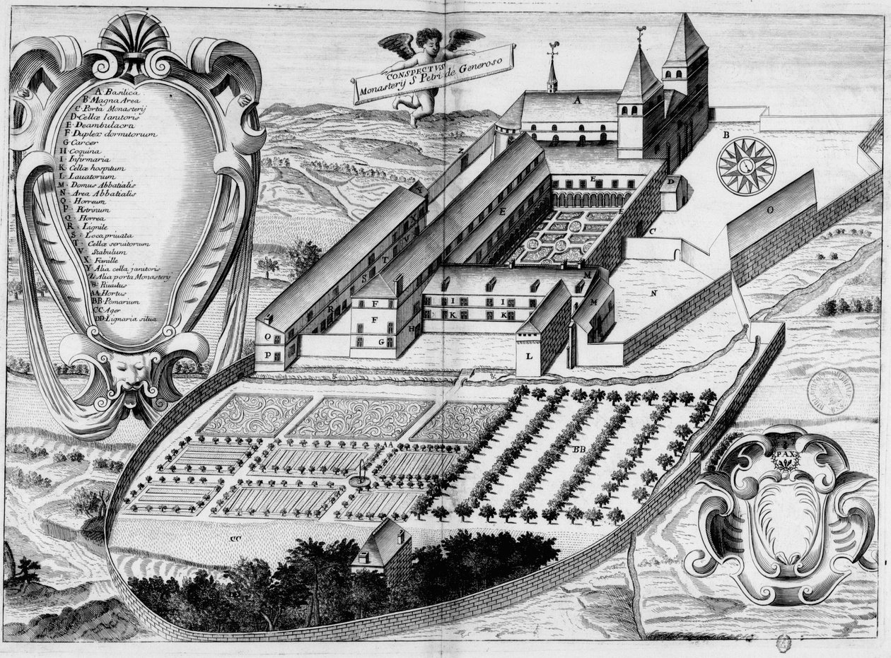 17th Century Engraving of the Abbey of Saint-Pé-de-Bigorre, in the Book Monasticon Gallicanum by Michel Germain