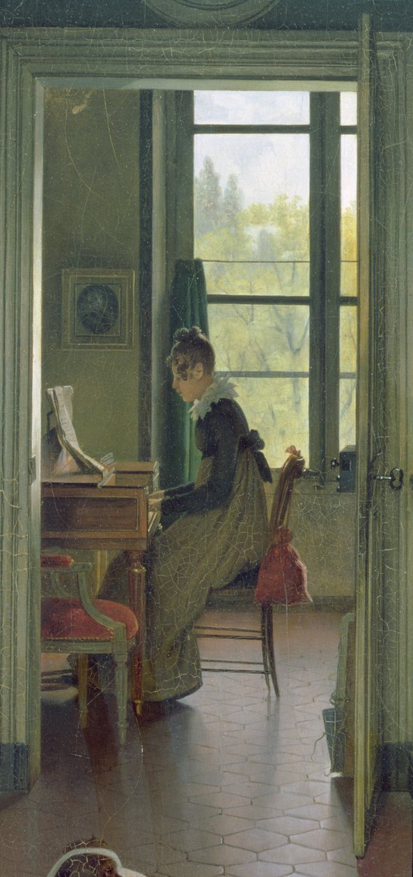 Interior of a Dining Room, detail of a woman playing the piano in the ...