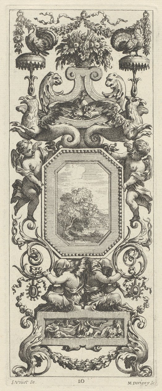 Ornamental Panel Surmounted by a Basket of Flowers and a Garland by Michel Dorigny, after Simon Vouet
