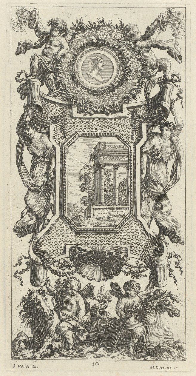 Ornamental Panel Surmounted by a Bust of a Woman and Two Putti with Flaming Trumpets by Michel Dorigny, after Simon Vouet