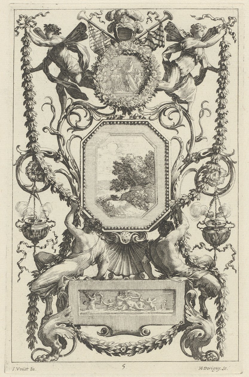 Ornamental Panel Surmounted by a Medallion with a Sacrifice by Michel Dorigny, after Simon Vouet