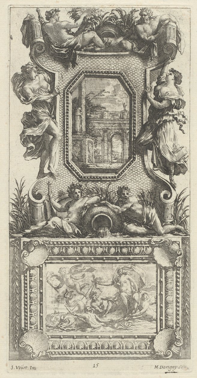 Ornamental Panel Surmounted by a Naiad and a River God by Michel Dorigny, after Simon Vouet