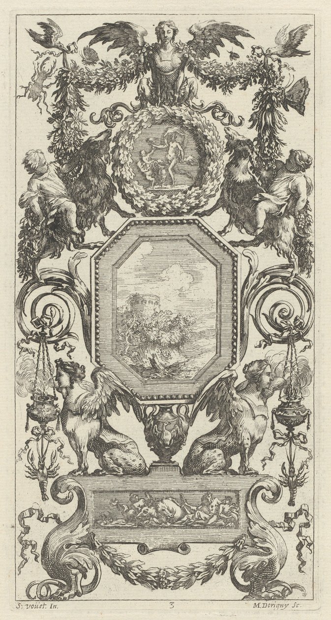 Ornamental Panel Surmounted by a Winged Harpy by Michel Dorigny, after Simon Vouet