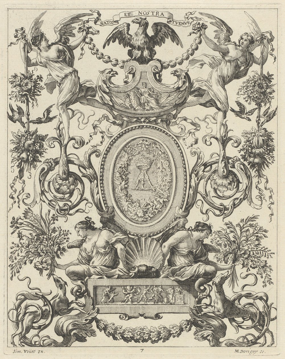 Ornamental Panel Surmounted by an Eagle and the Motto NATOS ET NOSTRA TUEMUR by Michel Dorigny, after Simon Vouet