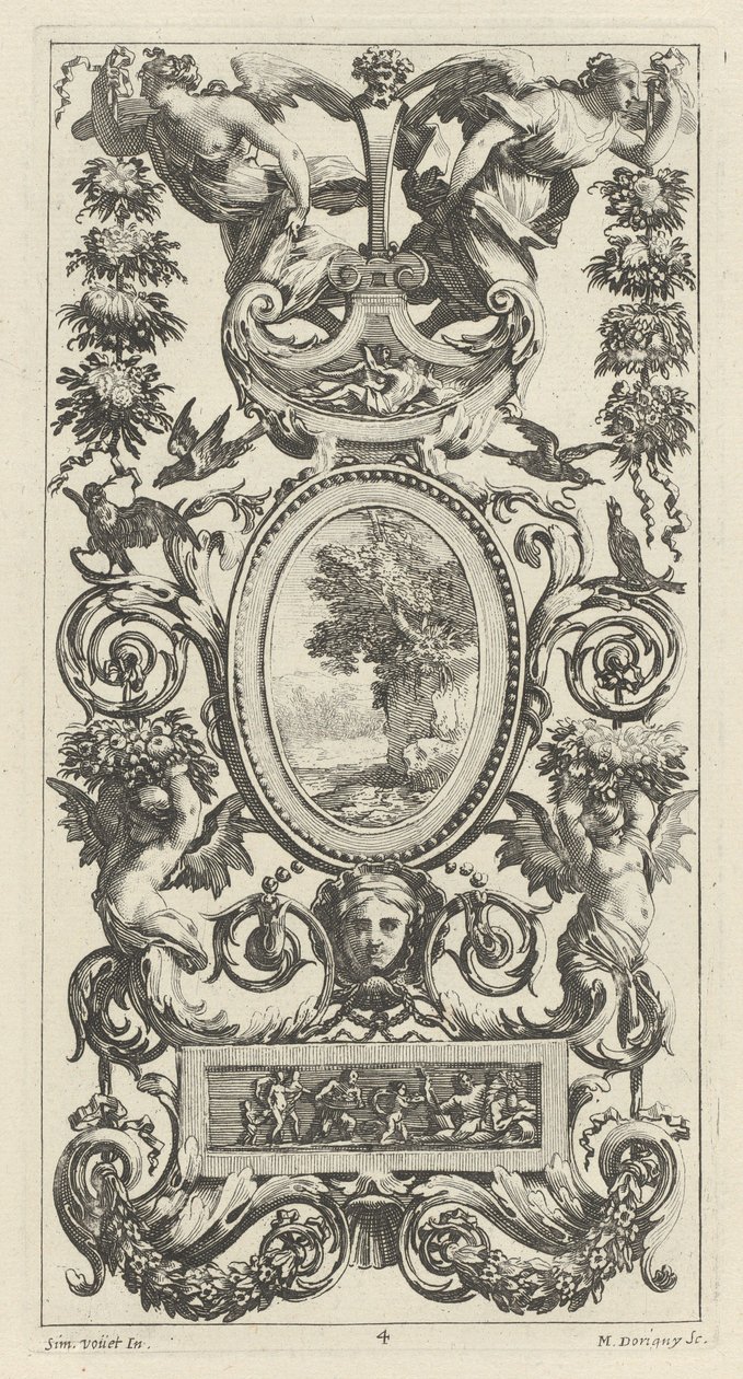 Ornamental Panel with Pan and Two Garland-Bearing Women by Michel Dorigny, after Simon Vouet