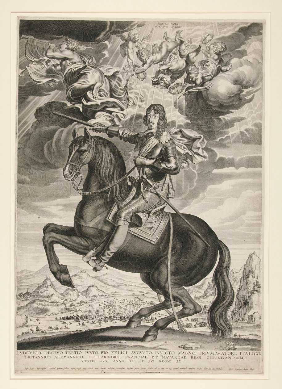 Equestrian Portrait of Louis XIII (Bourbon) at the Age of 33 (Landscape is After Callot) by Michel Lasne