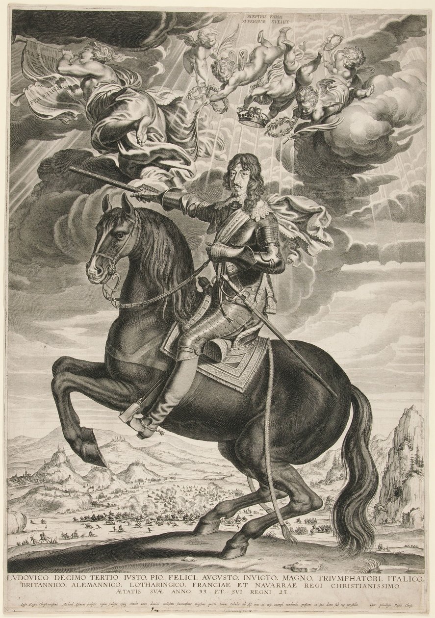 Equestrian Portrait of Louis XIII (Bourbon) at the age of 33 (Landscape after Callot) by Michel Lasne