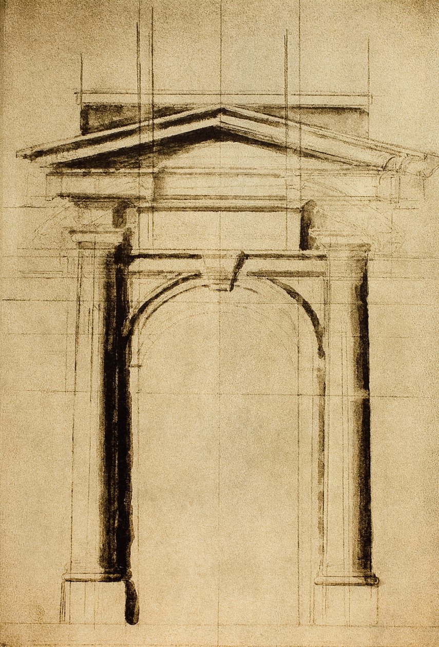 Architectonic study of a door with a triangular tympanum (drawing by Michelangelo) by Michelangelo Buonarroti