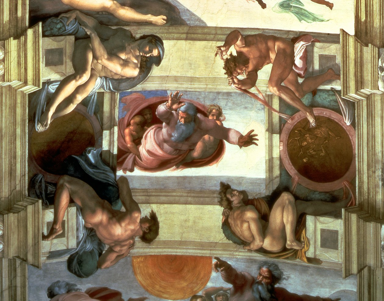 Sistine Chapel Ceiling: God Separating the Land from the Sea, with Four Ignudi, 1510 (post restoration) by Michelangelo Buonarroti