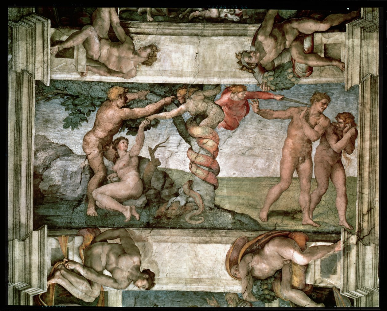 Sistine Chapel Ceiling: The Fall of Man and the Expulsion from the Garden of Eden, with four Ignudi (pre-restoration) by Michelangelo Buonarroti